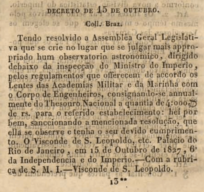 Criação do Observatório Astronômico no Rio de Janeiro em 1827
