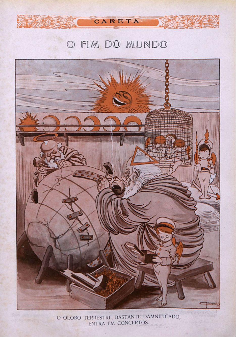 Caricatura sobre a passagem do cometa Halley em 1910 e a "recuperação da Terra"